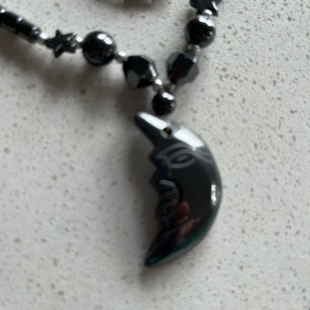 Vintage Hematite Necklace with Star and Cylindrical Beads W/ a Hand Carved Moon.